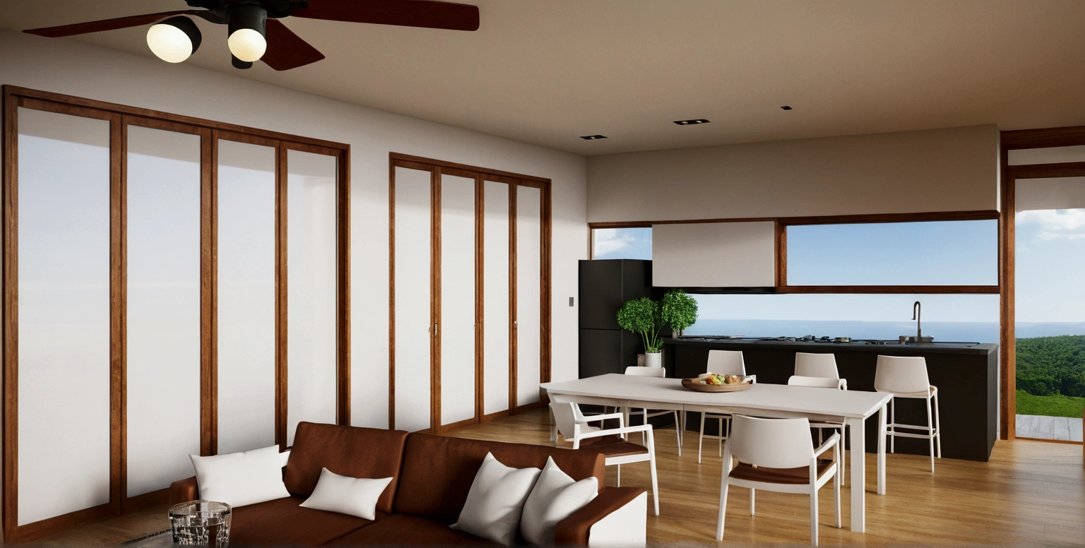 a rendering of a living room with a couch, table, and fan, 3 d rendering, 3d rendering, detailed rendering, 2 d render, comprehensive 2 d render, detailed 3d render, with 3 d render, detailed 3 d render, with 3d render, cg rendering, high detail 3 d render, very detailed render, wide establishing shot, 3 d renders, wooden cellingv, windown view forest