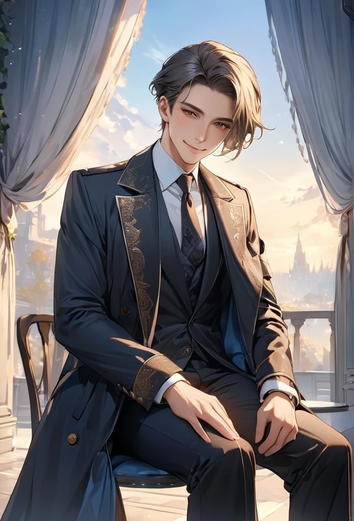 Highest quality, masterpiece, Cielve 2, One boy, alone, View your viewers, A light smile, Have, coat, formal,Sitting
