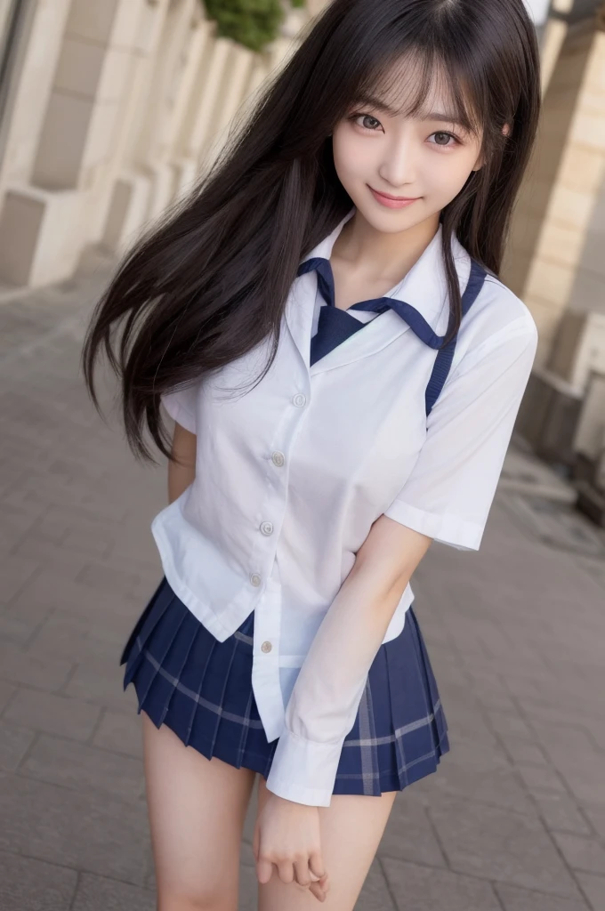((Haruka Kaki,Super beautiful girl,Highest quality, 8k,Real Photo, masterpiece:1.3))(Schoolgirl uniform,Low angle from the floor,Panties are visible through a mini skirt:1.5),slender,long hair,One person,Black Hair,１７Year old girl:1.3,Highly detailed face and skin texture,Front body orientation:1.3. Fine grain,Full body, double eyelid, Whitening skin,smile:1.2,Golden Ratio,Both eyes are equal in size,Streetscape.