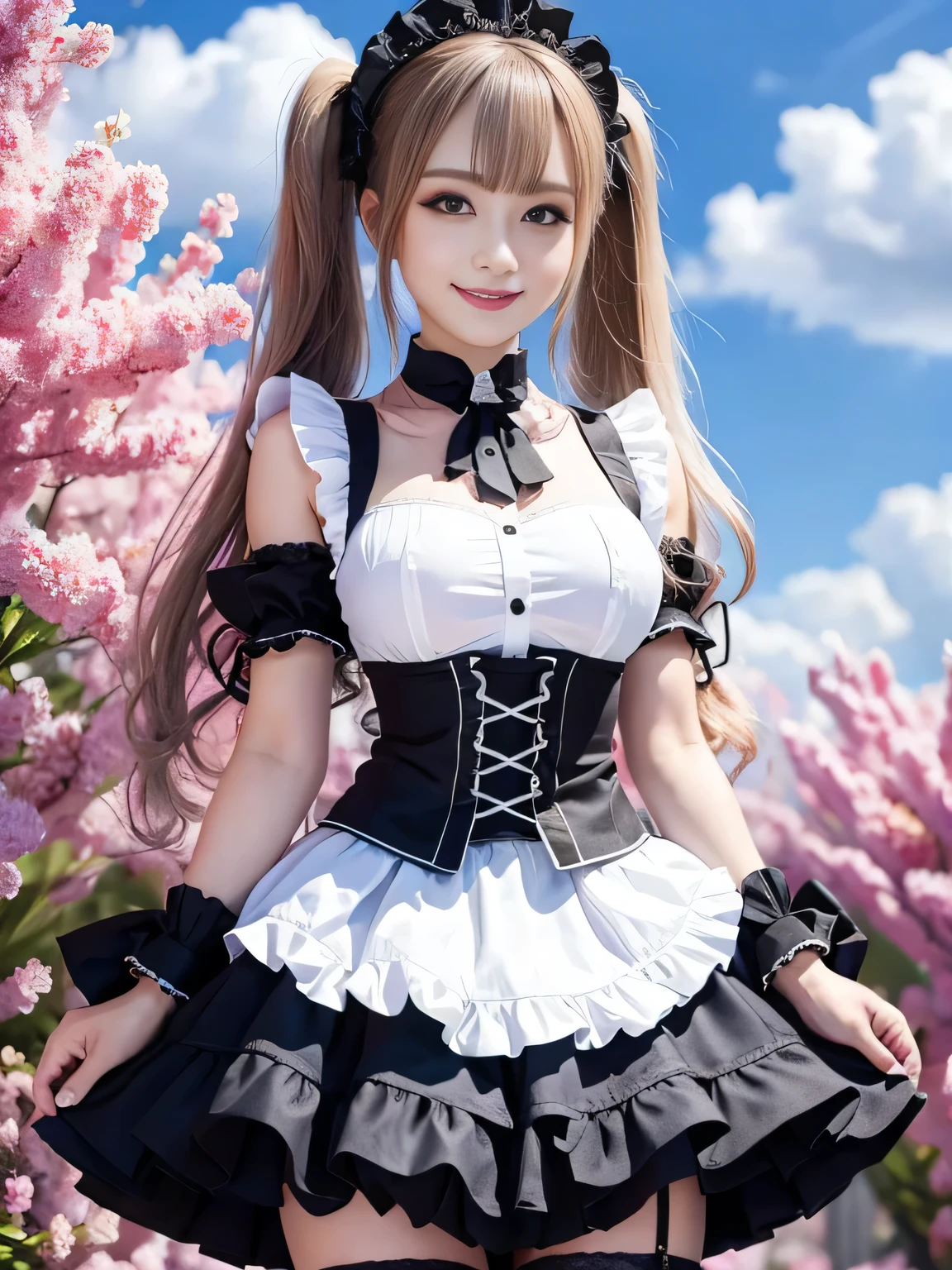 Twin tails、(Full body portrait:1.5)、19 years old、Slim and flat chested、smile、Smiling with teeth showing、Large Breasts、Highest quality,masterpiece,Ultra-high resolution,(Actual:1.4),Original photo,Ultra-high resolution，8k，There are also women，Gothic Lolita Uniform、Maid Costume Cosplay、Beautiful scenery、With confidence, Beautiful and generous，Please lift up your skirt and show me your pants.、
