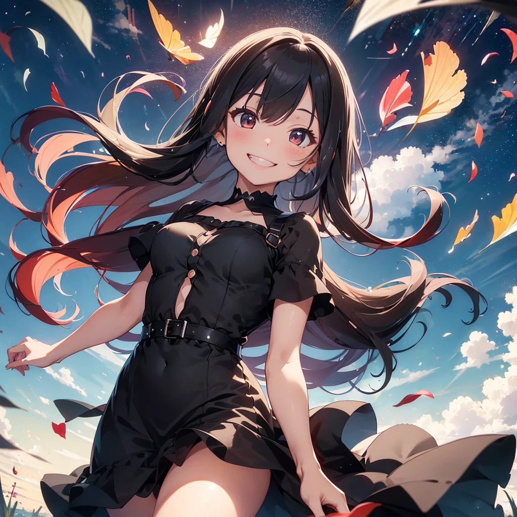 (Highest quality, 32k, High resolution, Masterpiece:1.5, ), marimo_jet, god々It has a brilliant and healing power., Evoking a sense of calm and elusive beauty, Expressing emotions, Have a rich imagination, Beautiful Japanese Girls, An exceptionally beautiful face, Small Face Beauty, Perfect Human Anatomy, Magical big eyes, Motherhood and generosity, Deep Love, ((A happy smile:1.6)), Shiny crimson hair, Super long straight silk hair swaying in the wind, Asymmetrical bangs, Hair between the eyes, Transparent, soft white skin, Sharp eyebrows, Thin lashes, Natural Makeup, Cheek highlighter, Detailed and cute lips, Perfect and beautiful teeth, (Black dress:1.5), Slim figure with ample breasts, Beautifully detailed skies, ((Vibrant petal effect:1.2)), god秘的
