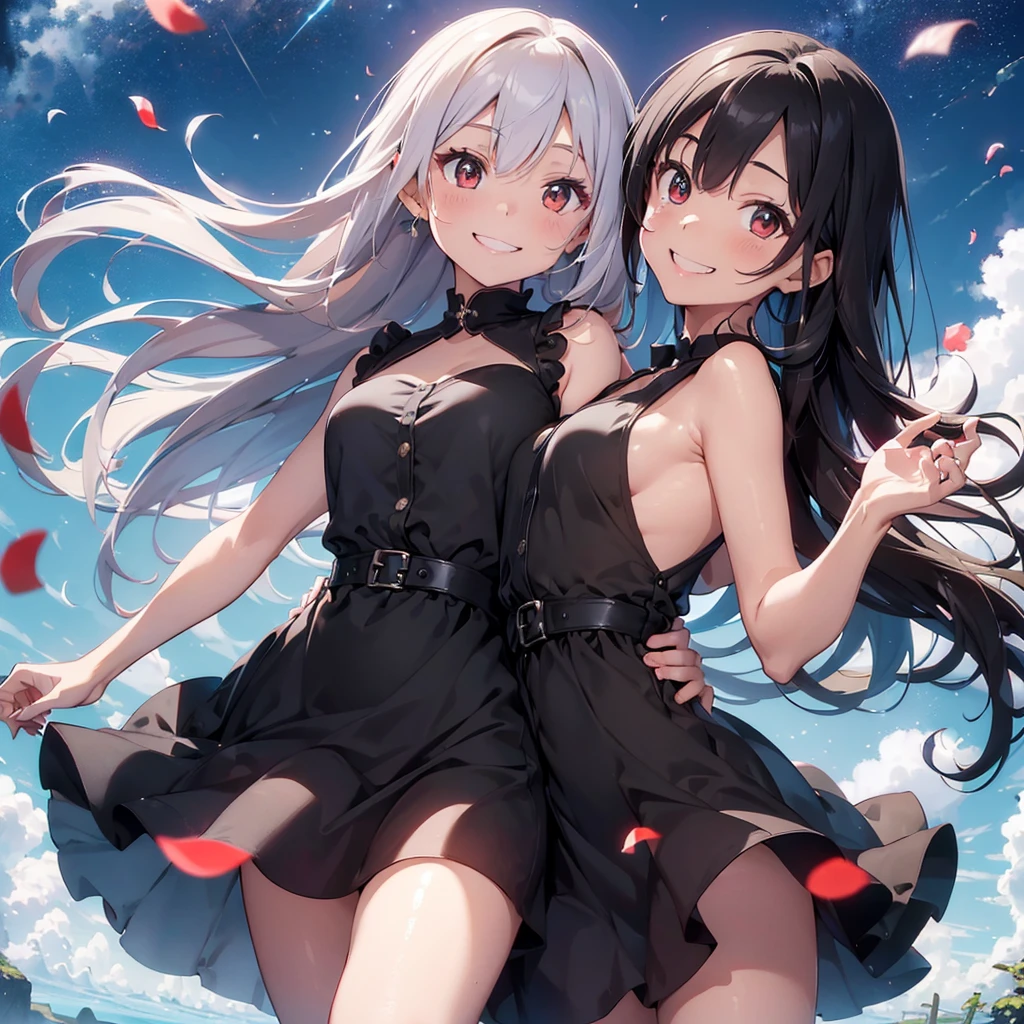 (Highest quality, 32k, High resolution, Masterpiece:1.5, ), marimo_jet, god々It has a brilliant and healing power., Evoking a sense of calm and elusive beauty, Expressing emotions, Have a rich imagination, Beautiful Japanese Girls, An exceptionally beautiful face, Small Face Beauty, Perfect Human Anatomy, Magical big eyes, Motherhood and generosity, Deep Love, ((A happy smile:1.6)), Shiny crimson hair, Super long straight silk hair swaying in the wind, Asymmetrical bangs, Hair between the eyes, Transparent, soft white skin, Sharp eyebrows, Thin lashes, Natural Makeup, Cheek highlighter, Detailed and cute lips, Perfect and beautiful teeth, (Black dress:1.5), Slim figure with ample breasts, Beautifully detailed skies, ((Vibrant petal effect:1.2)), god秘的