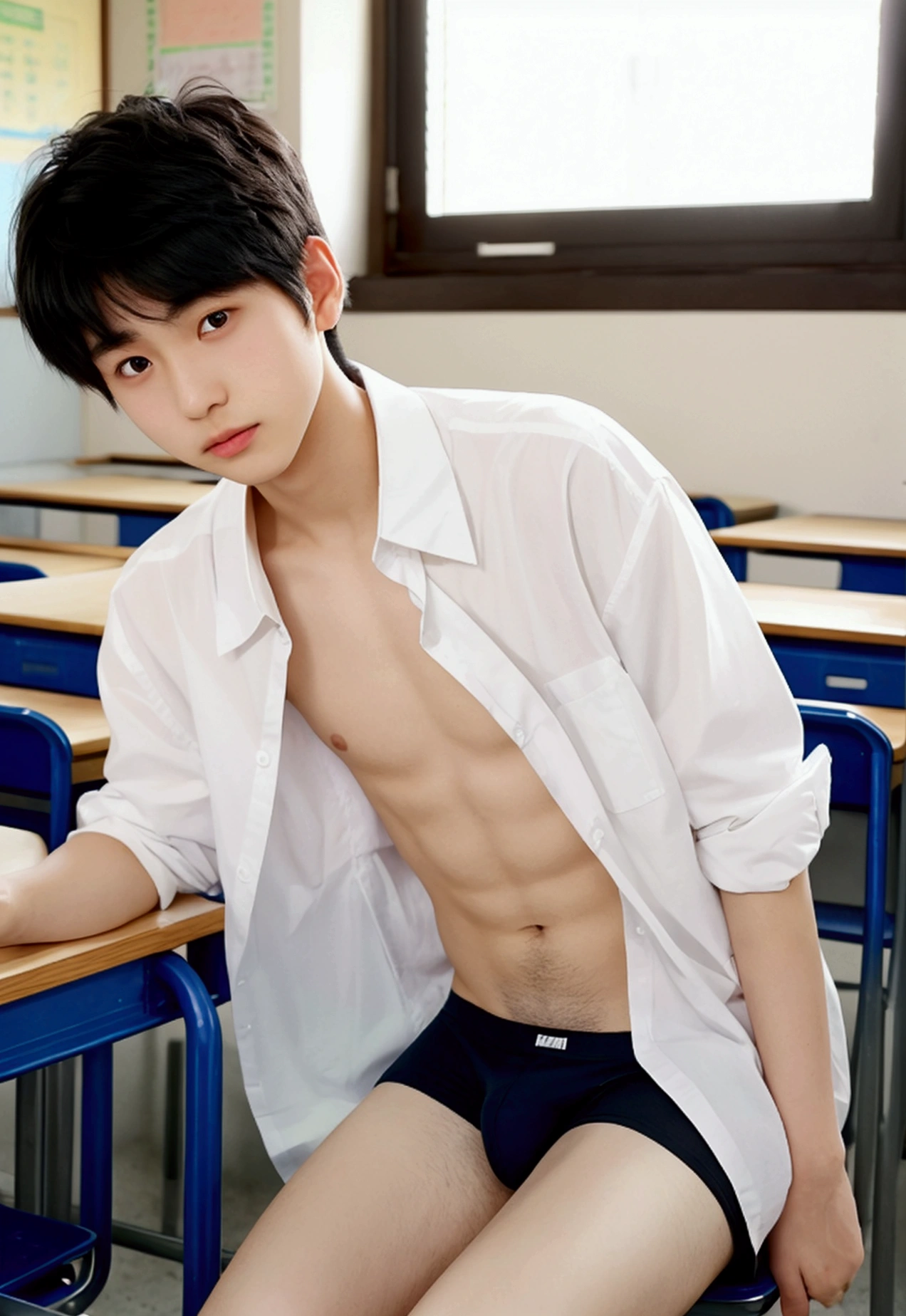 One boy、Beautiful Boy、18-year-old、Japanese Boy、Beautiful Boy、Black Hair、classroom、White underwear、Change of clothes