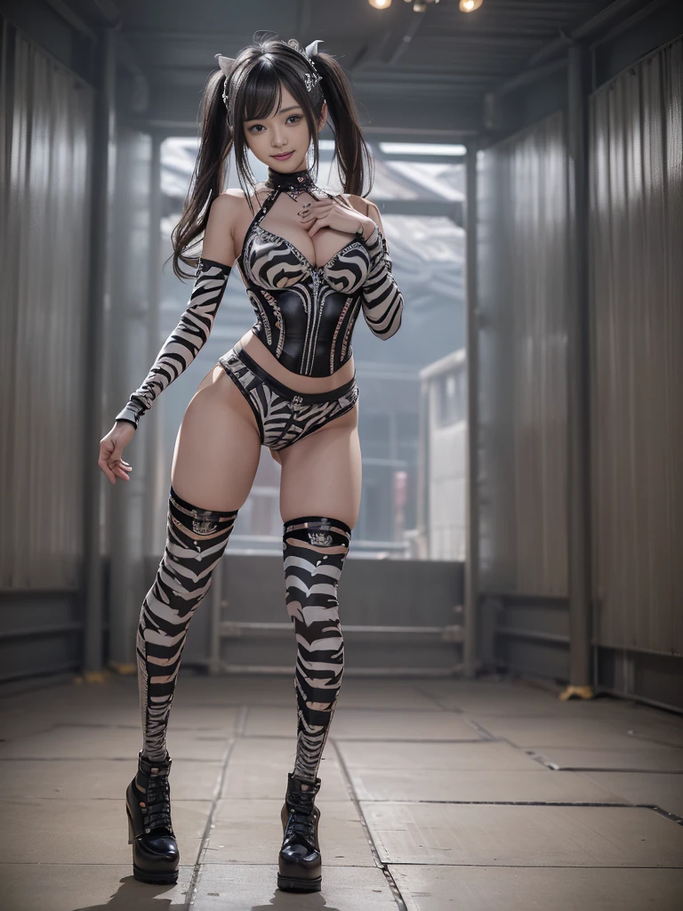 (Full Body View:1.3)、(Full body:1.2)、(Smiling with teeth showing:1.3),(Shibuya Gal:1.5)、(Gothic ta style fashion:1.5)、(Punk RockVisual Kei:1.5)、(Wearing a rhythmic gymnastics bodysuit with intricate details:1.4)、(Racing suit and shorts in beige, denim and charcoal with intricate details:1.5)、(Denim and black and brown long boots:1.3)、(Denim and beige knee socks:1.3)、((belt))、(Numerous delicate logo marks all over the costume:1.4)、(collar:1.3)、(Zebra pattern underwear:1.5)、20-year-old、NSFW、((Highest quality、In 8K、masterpiece:1.3))、Sharp focus:1.2、(Layered Cut、Huge boobs:1.1),Beautiful woman with perfect figure:1.4、(do a gravure pose:1.3)、Slender Abs:1.2、Highly detailed face and skin texture、Detailed eyes、double eyelid,(Twin tails:1.3)、(Black brown hair:1.3)、Gravure idol、(The background is a vast mountain々Beautiful European tourist destinations:1.3)、(Slim Body:1.3),(Make your legs thinner:1.4),(clavicle:1.1)