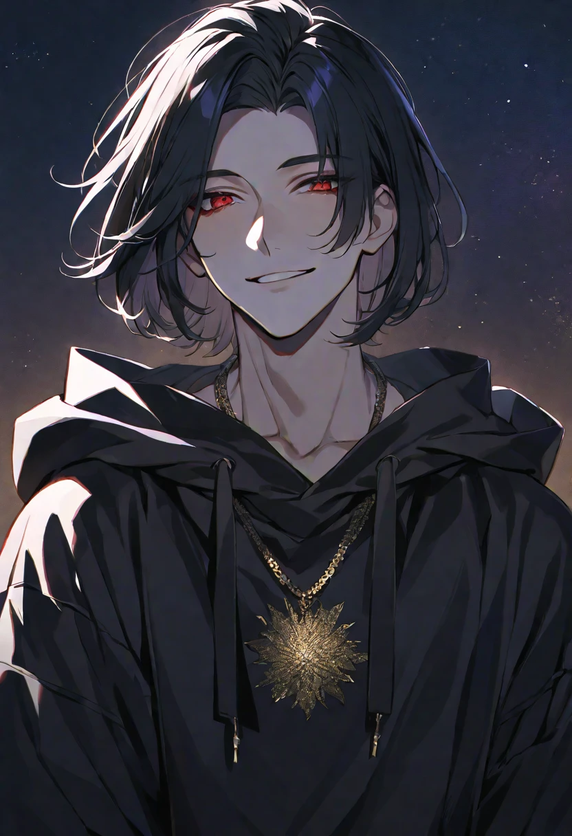 Solo,handsome,
1. male,
,Straight Hair,Bob Hair, Bob hair,
black hair,
Gojo Satoru ,
red Eyes,Soft look,
beautiful,sexly,Darkness,gold necklace,
oversize black hoodie ,smile,
simple background ,
star sky background,