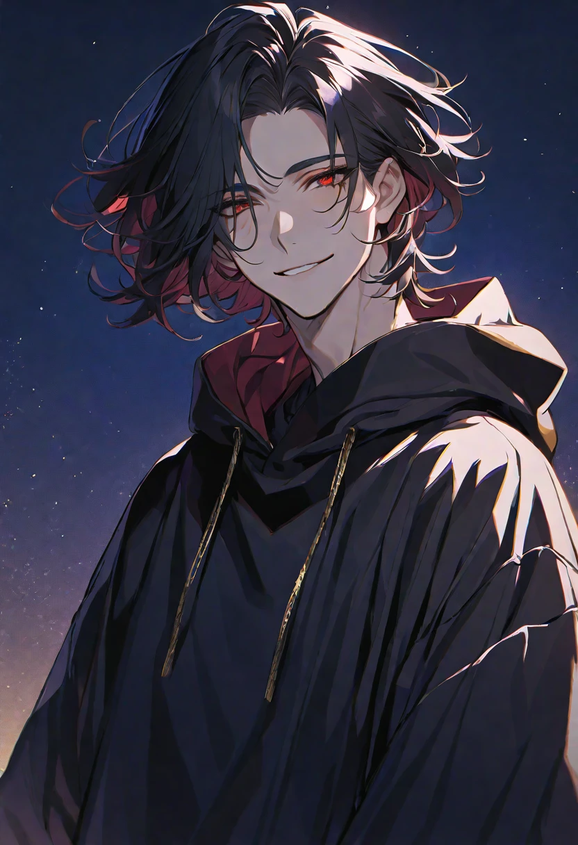 Solo,handsome, 
1. male,
,Straight Hair,Bob Hair, Bob hair,
black hair, 
Gojo Satoru ,
red Eyes,Soft look,
beautiful,sexly,Darkness,gold necklace,
oversize black hoodie ,smile,
simple background ,
star sky background,