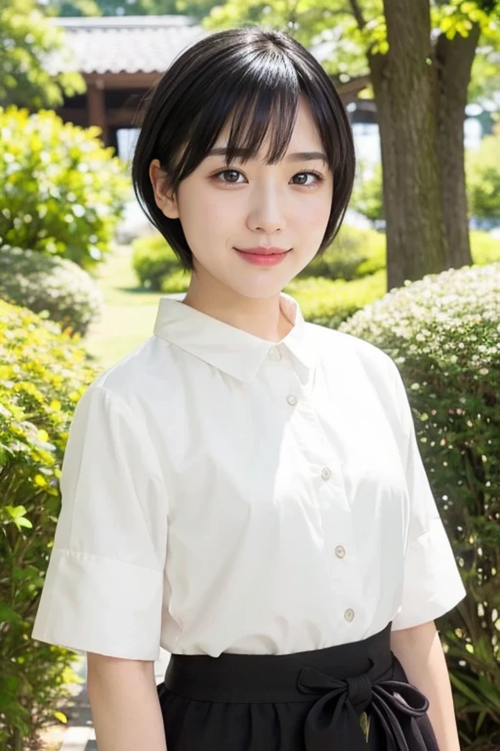 (natural lighting:1.3), 8k, RAW photo, best quality, masterpiece, realistic, photo-realistic, clear, beautiful face, no makeup, best quality, ultra high res, BREAK, Japanese cute girl, , (short cut hair:1.2), smile, standing, BREAK, (black eyes, black hair:1.2)