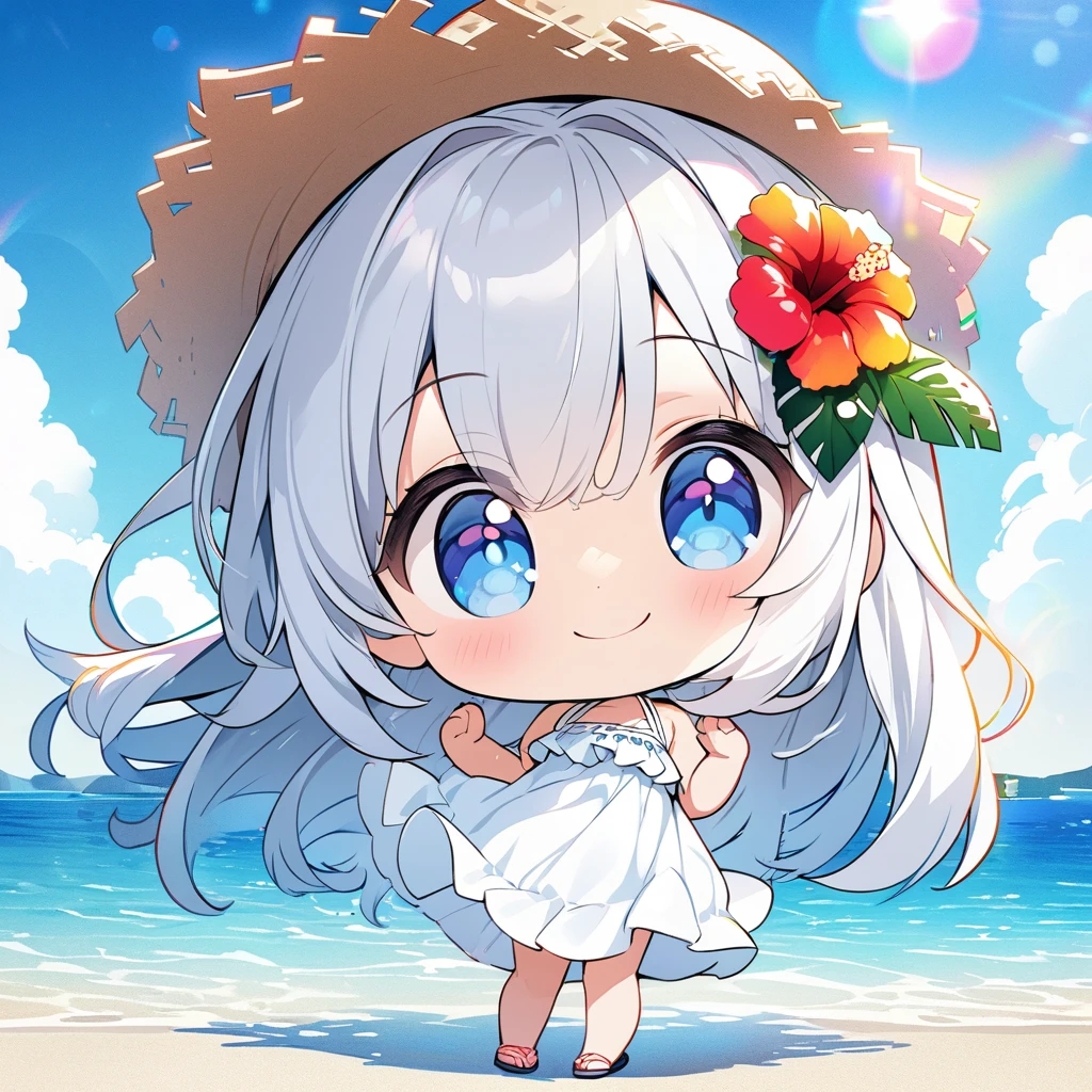 masterpiece, best quality, 4k、2D illustration, one beautiful girl, solo、(((chibi style)))、((vivid colors))、cute chibi, lovely chibi、((colorful))、((long beautiful hair)), glossy light silver hair, hair between eyes, cute, beautifully detailed eyes、((white summer dress))、((straw hat))、hibiscus hair ornament, flip-flops, ((happy smile))、((full body shot))、((summer beach))、((calm sea))、((blue sky))、sunbeam, white light, ((lens flare)), ((high color saturation)), 
