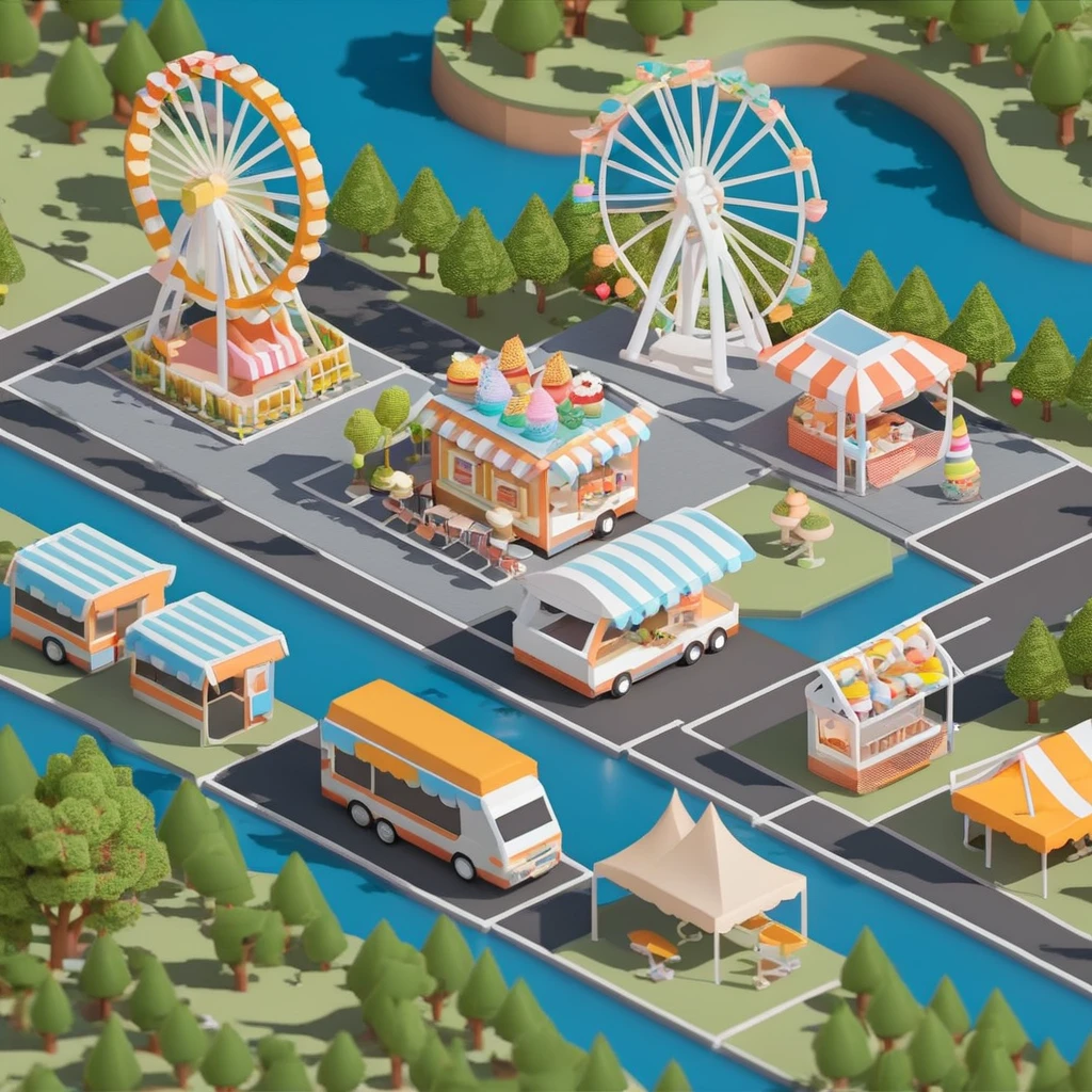 Lovely amusement park，Ferris wheel，Ice cream truck，Camping and tents，Isometric Art, 3D Isometric, Isometric pixel art，Simple background，Xiaofangzi,