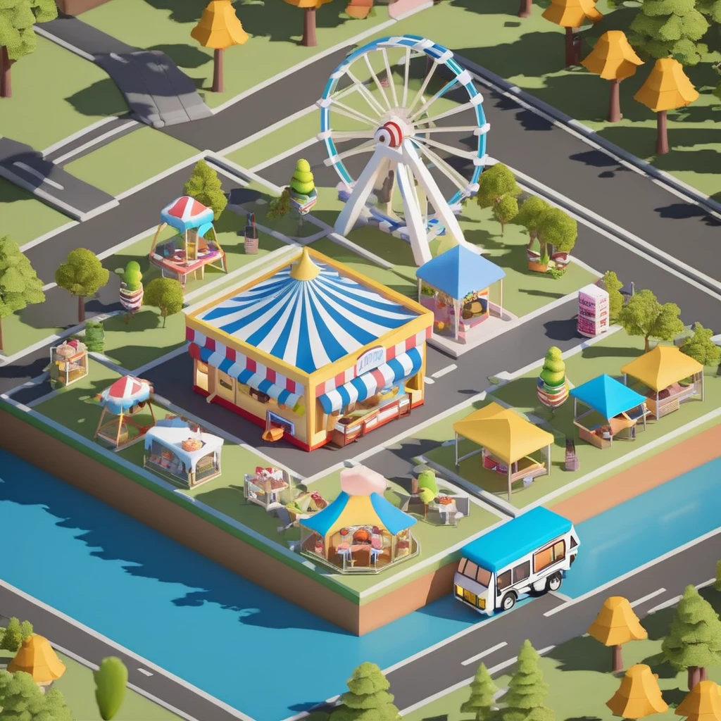 Lovely amusement park，Ferris wheel，Ice cream truck，Camping and tents，Isometric Art, 3D Isometric, Isometric pixel art，Simple background，Xiaofangzi,