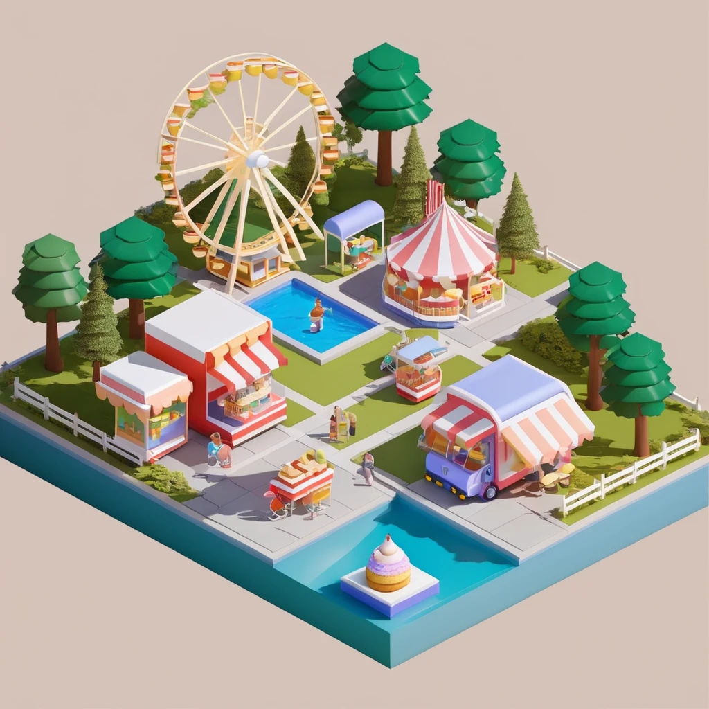 Lovely amusement park，Ferris wheel，Ice cream truck，Camping and tents，Isometric Art, 3D Isometric, Isometric pixel art，Simple background，Xiaofangzi,