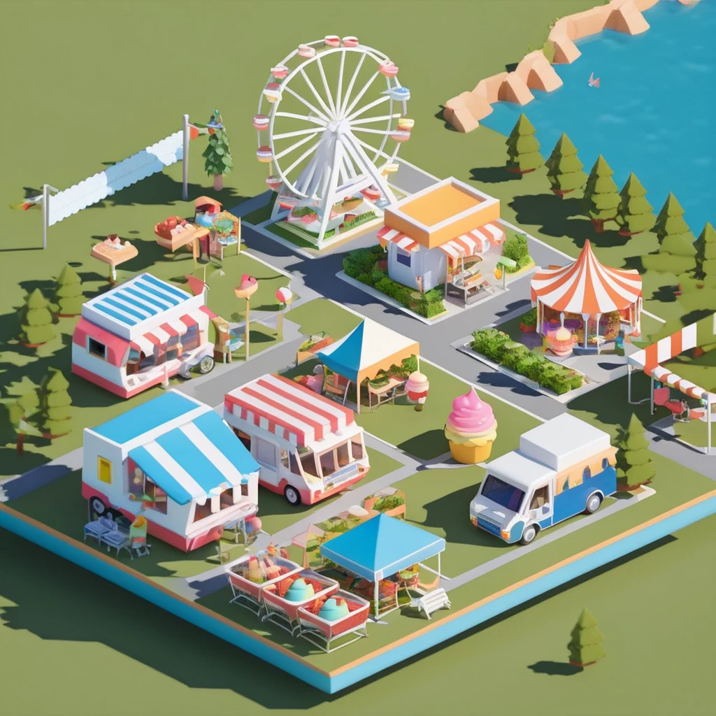 Lovely amusement park，Ferris wheel，Ice cream truck，Camping and tents，Isometric Art, 3D Isometric, Isometric pixel art，Simple background，Xiaofangzi,