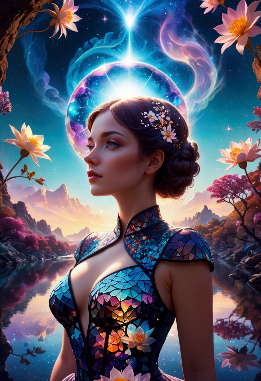 Artwork by Brandon Woelfel (Alex Gray:1.07), Future Utopia, nebula, Flowers, river, (Double Exposure:1.3) ,1 photo of sexy lady，Wearing a brocade underbust dress, Optical illusion,  Fantasy Art, Made of iridescent crystal glass mosaic with sub-diffusing mirror，Bokeh sky,Dramatic month, Silhouette photo illustration, Amazing depth, Complex and detailed fine-cracked surface, stunning atmosphere, Mesmerizing whimsical vibrant landscapes, High Detail, number, complex, 8K, 