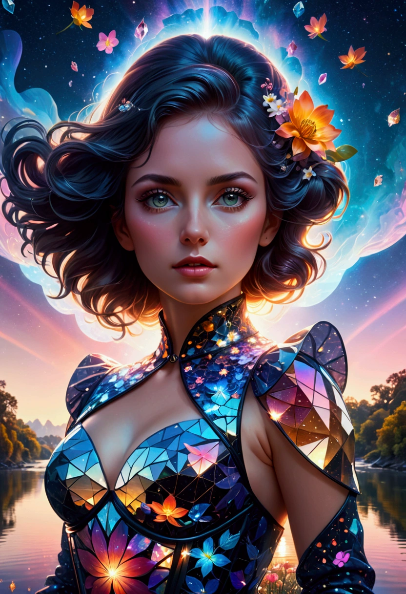 Artwork by Brandon Woelfel (Alex Gray:1.07), Future Utopia, nebula, Flowers, river, (Double Exposure:1.3) ,1 photo of sexy lady,Wearing a brocade underbust dress, Optical illusion, Fantasy Art, Made of iridescent crystal glass mosaic with sub-diffusing mirror,Bokeh sky,Dramatic month, Silhouette photo illustration, Amazing depth, Complex and detailed fine-cracked surface, stunning atmosphere, Mesmerizing whimsical vibrant landscapes, High Detail, number, complex, 8K,
