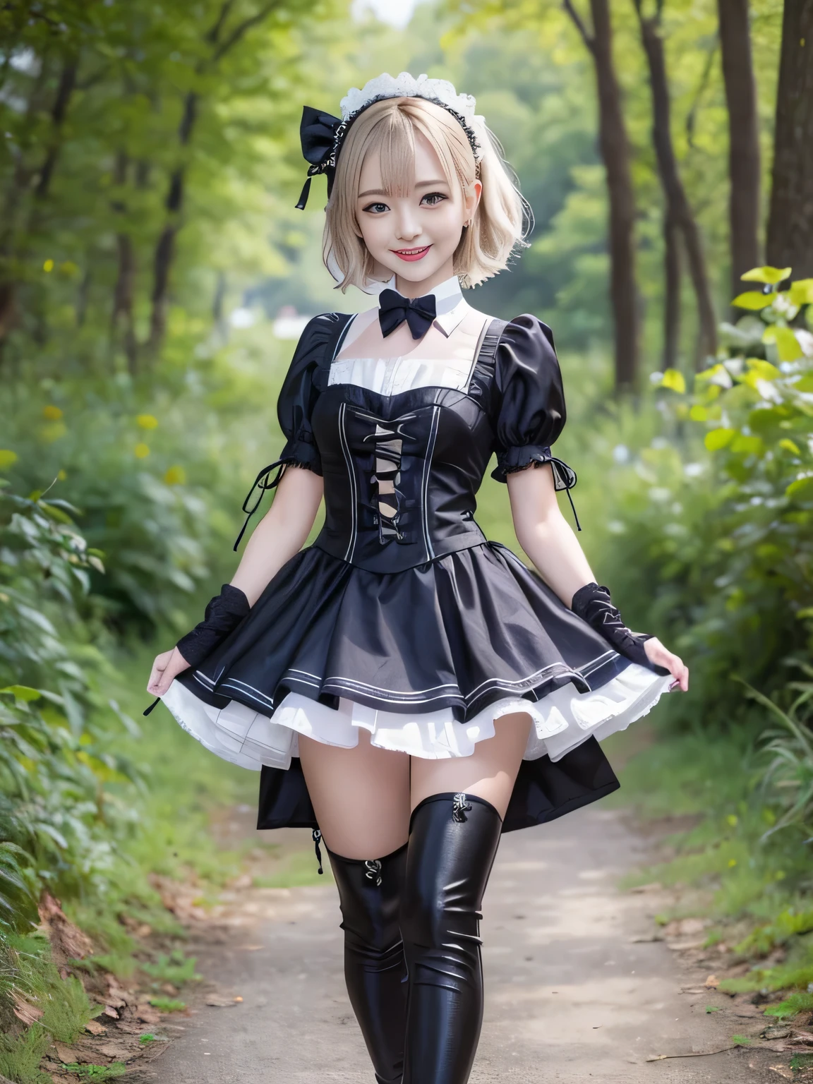 Short Bob、(Full body portrait:1.5)、19 years old、Slim and flat chested、smile、Smiling with teeth showing、Small breasts、Highest quality,masterpiece,Ultra-high resolution,(Actual:1.4),Original photo,Ultra-high resolution,8k,There are also women,Gothic Lolita Uniform、Maid Costume Cosplay、Beautiful scenery、With confidence, Beautiful and generous,Please lift up your skirt and show me your pants.、