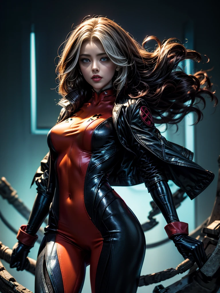 AMBER HEARD 、masterpiece、High quality 4K、villain (X-Men)、Gothic Girl、Sculpted Body Gothic Makeup、Black jacket、Red and blue bodysuit、masterpiece、Highest quality、Cowboy Shots、One personの女の子、One person、Technology Military Bodysuit、fringe