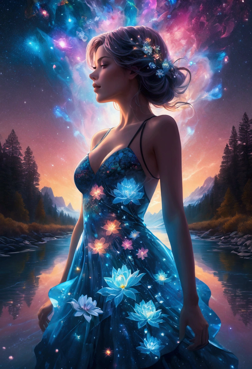 Artwork by Brandon Woelfel (Alex Gray:1.07), Future Utopia, nebula, Flowers, river, (Double Exposure:1.3) ,1 photo of sexy lady,Wearing a brocade underbust dress, Optical illusion, Fantasy Art, Made of iridescent crystal glass mosaic with sub-diffusing mirror,Bokeh sky,Dramatic month, Silhouette photo illustration, Amazing depth, Complex and detailed fine-cracked surface, stunning atmosphere, Mesmerizing whimsical vibrant landscapes, High Detail, number, complex, 8K,