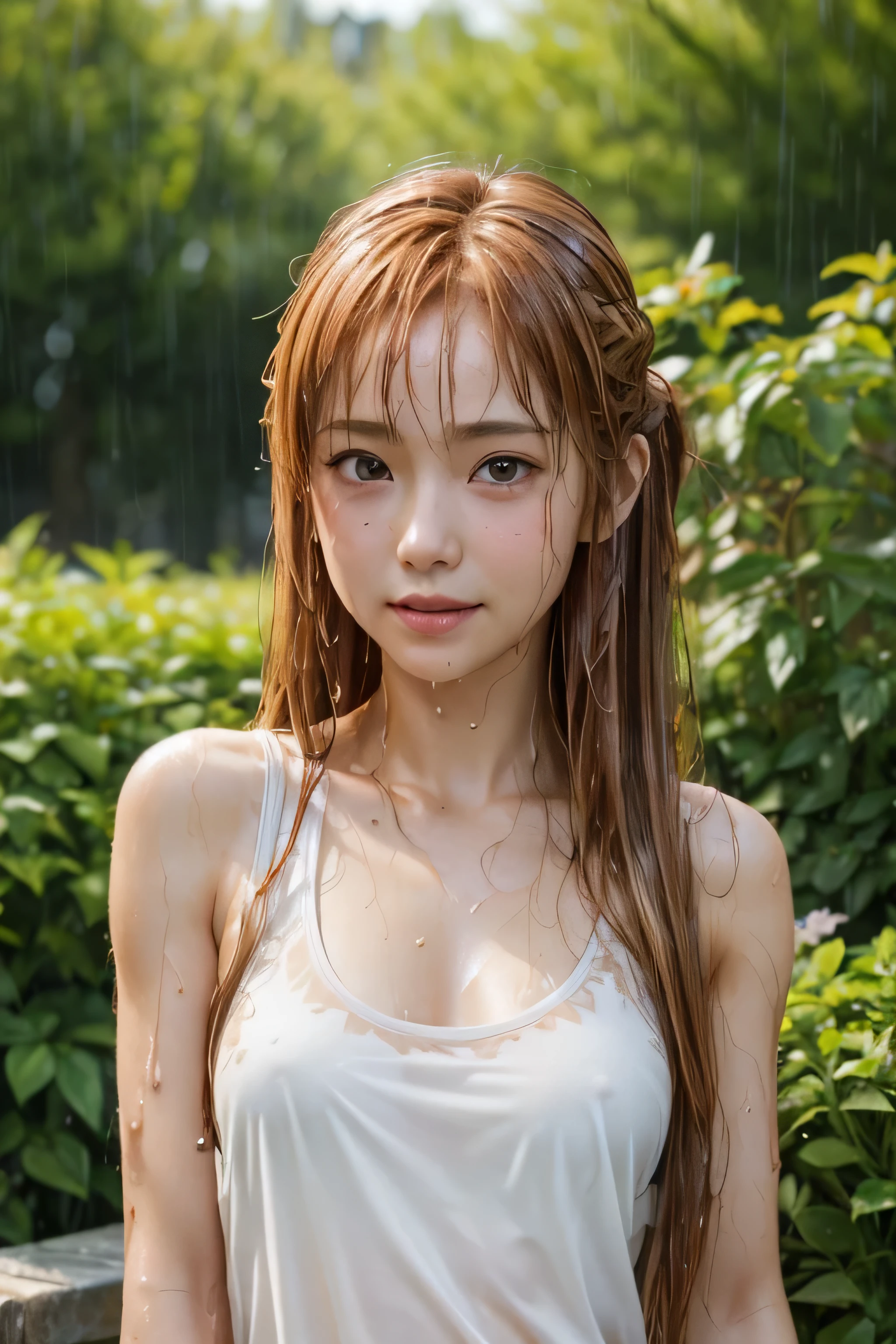 masterpiece, best quality, (realistic,photo-realistic:1.4), (RAW photo:1.2), extremely detailed CG unity 8k wallpaper, delicate and beautiful, amazing,finely detail, official art, absurdres, incredibly absurdres, huge filesize, ultra-detailed,extremely detailed eyes and face,light on face,yuuki asuna,(little smile),(caramel hair:1.4),(long hair:1.4),(wearing tanktop:1.4),(garden:1.3),nature background,(wet body:1.4),(wet clothes:1.4),(wet hair:1.3),(heavy rain:1.4)