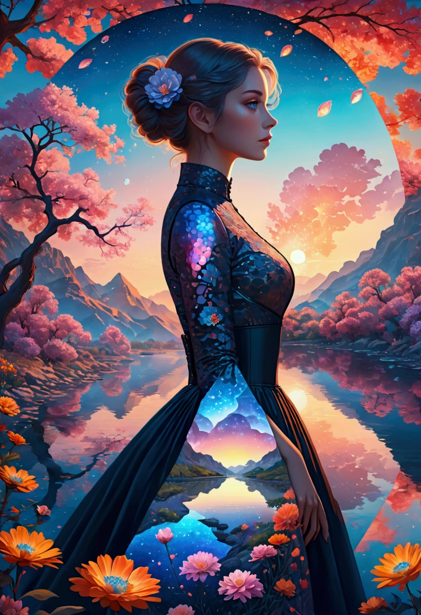 Artwork by Brandon Woelfel (Alex Gray:1.07), Future Utopia, nebula, Flowers, river, (Double Exposure:1.3) ,1 photo of sexy lady，Wearing a brocade underbust dress, Optical illusion, Fantasy Art, Made of iridescent crystal glass mosaic with sub-diffusing mirror，Bokeh sky,Dramatic month, Silhouette photo illustration, Amazing depth, Complex and detailed fine-cracked surface, stunning atmosphere, Mesmerizing whimsical vibrant landscapes, High Detail, number, complex, 8K,