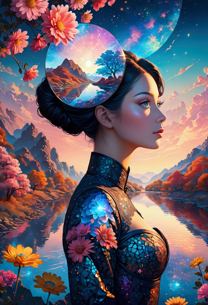 Artwork by Brandon Woelfel (Alex Gray:1.07), Future Utopia, nebula, Flowers, river, (Double Exposure:1.3) ,1 photo of sexy lady,Wearing a brocade underbust dress, Optical illusion, Fantasy Art, Made of iridescent crystal glass mosaic with sub-diffusing mirror,Bokeh sky,Dramatic month, Silhouette photo illustration, Amazing depth, Complex and detailed fine-cracked surface, stunning atmosphere, Mesmerizing whimsical vibrant landscapes, High Detail, number, complex, 8K,