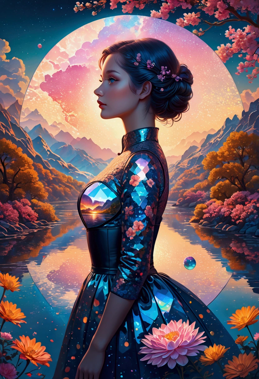 Artwork by Brandon Woelfel (Alex Gray:1.07), Future Utopia, nebula, Flowers, river, (Double Exposure:1.3) ,1 photo of sexy lady，Wearing a brocade underbust dress, Optical illusion, Fantasy Art, Made of iridescent crystal glass mosaic with sub-diffusing mirror，Bokeh sky,Dramatic month, Silhouette photo illustration, Amazing depth, Complex and detailed fine-cracked surface, stunning atmosphere, Mesmerizing whimsical vibrant landscapes, High Detail, number, complex, 8K,