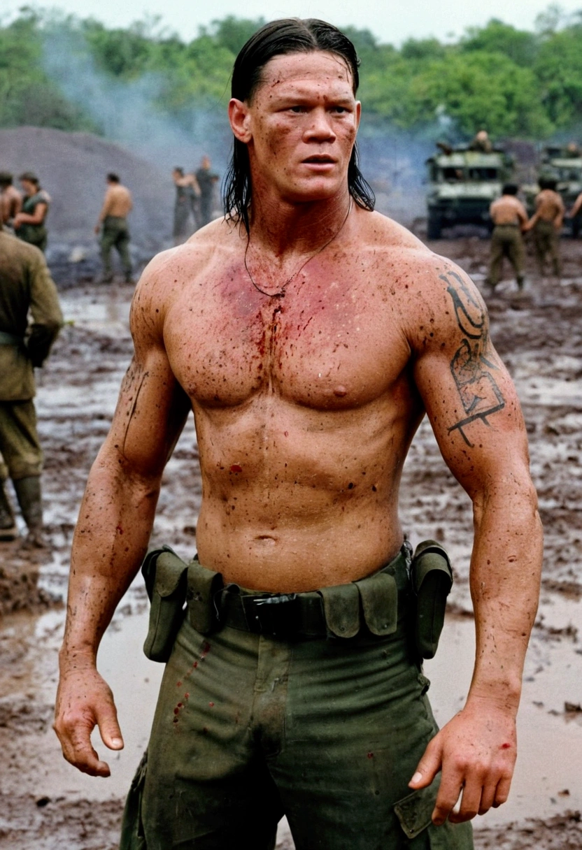 Helene Skelton, Vietnam War era, big plan, shooting from the ground, naked american soldier, tattoos, and spacious, transpiration, damp hair, bloody and bruised, sunny, M16, on a bloody battlefield, mud, explosion, fires, with John Cena WWE 