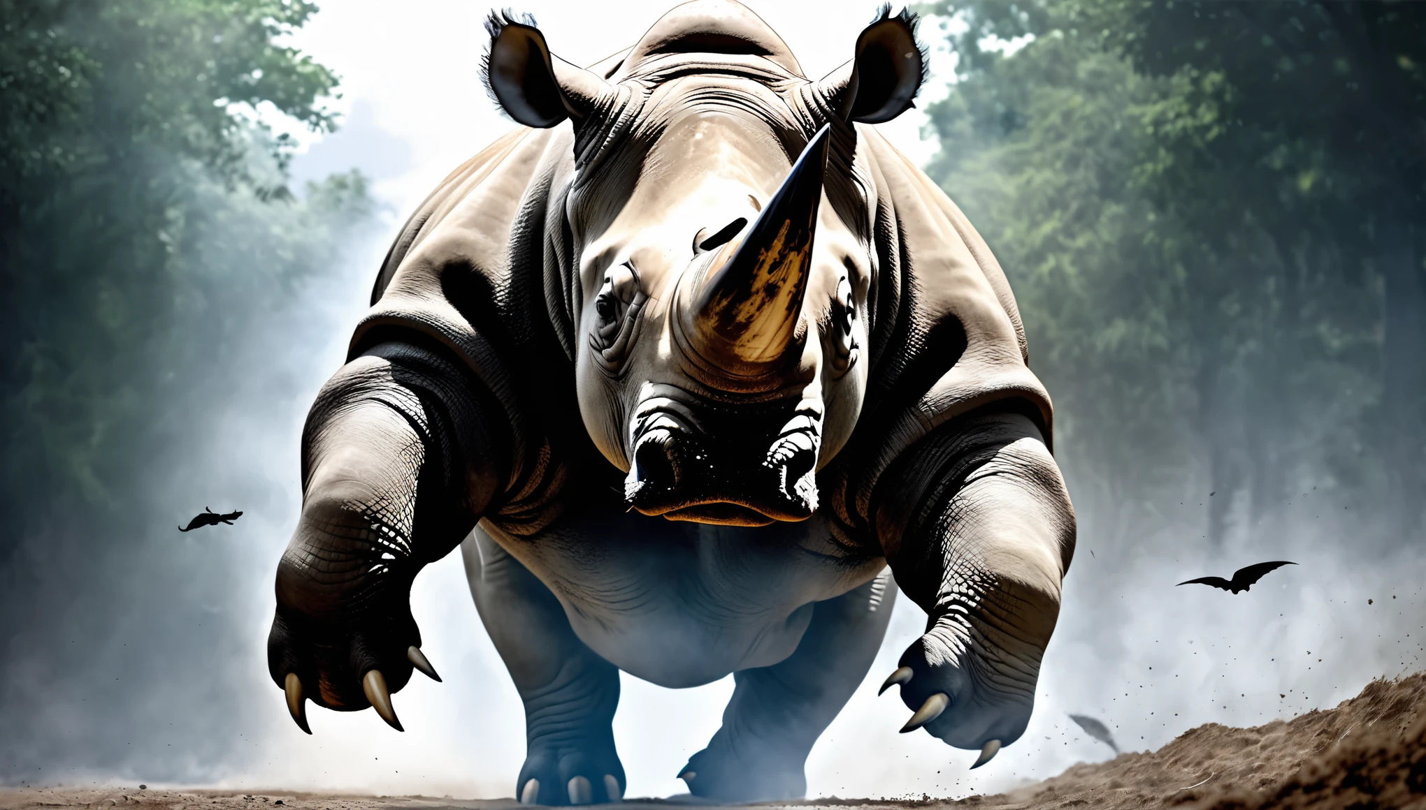 Realistic photos, RAW Photos, rhinoceros, attacks viewer, Powerful movements, jump on prey, ((Dynamic jump)), Sharp Claws, rhinoceros approaching from above, sudden approach, Bad-tempered, dynamic Shot from grand