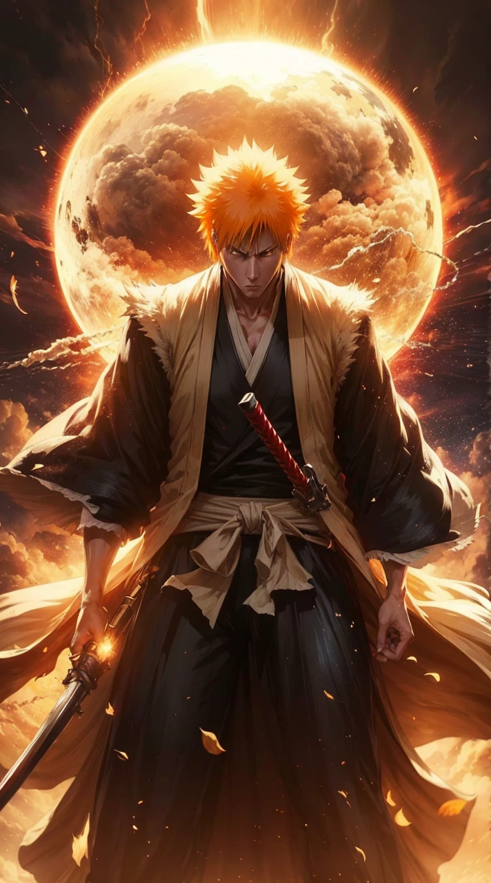 Create an image of Ichigo Kurosaki from Bleach, highly detailed and visually stunning. Include his iconic orange hair, determined expression, and his Shinigami outfit. Show him in a dynamic action pose, wielding his Zanpakuto with powerful energy emanating from it. The background should enhance the dramatic effect, with dark, swirling clouds and bursts of light. Make sure to capture the essence of his character and the intensity of the battle.