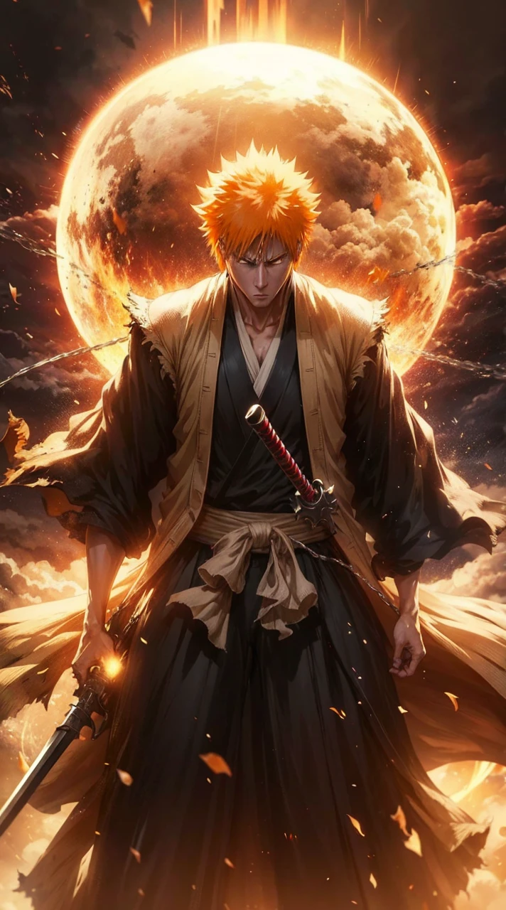 Create an image of Ichigo Kurosaki from Bleach, highly detailed and visually stunning. Include his iconic orange hair, determined expression, and his Shinigami outfit. Show him in a dynamic action pose, wielding his Zanpakuto with powerful energy emanating from it. The background should enhance the dramatic effect, with dark, swirling clouds and bursts of light. Make sure to capture the essence of his character and the intensity of the battle.