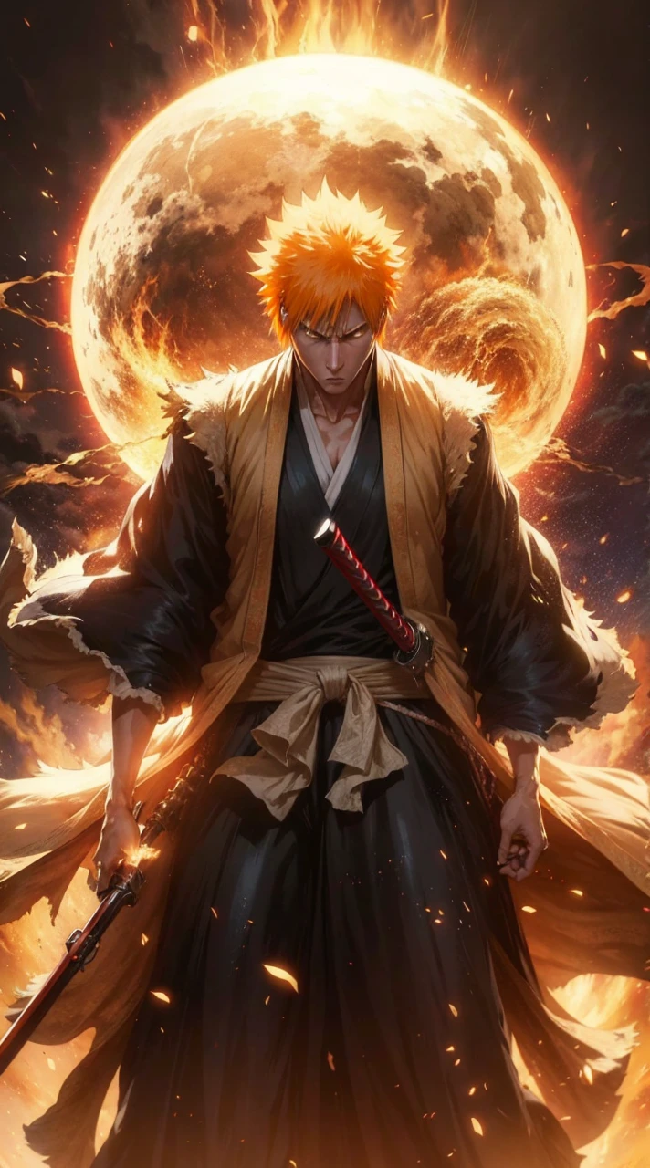 Create an image of Ichigo Kurosaki from Bleach, highly detailed and visually stunning. Include his iconic orange hair, determined expression, and his Shinigami outfit. Show him in a dynamic action pose, wielding his Zanpakuto with powerful energy emanating from it. The background should enhance the dramatic effect, with dark, swirling clouds and bursts of light. Make sure to capture the essence of his character and the intensity of the battle.