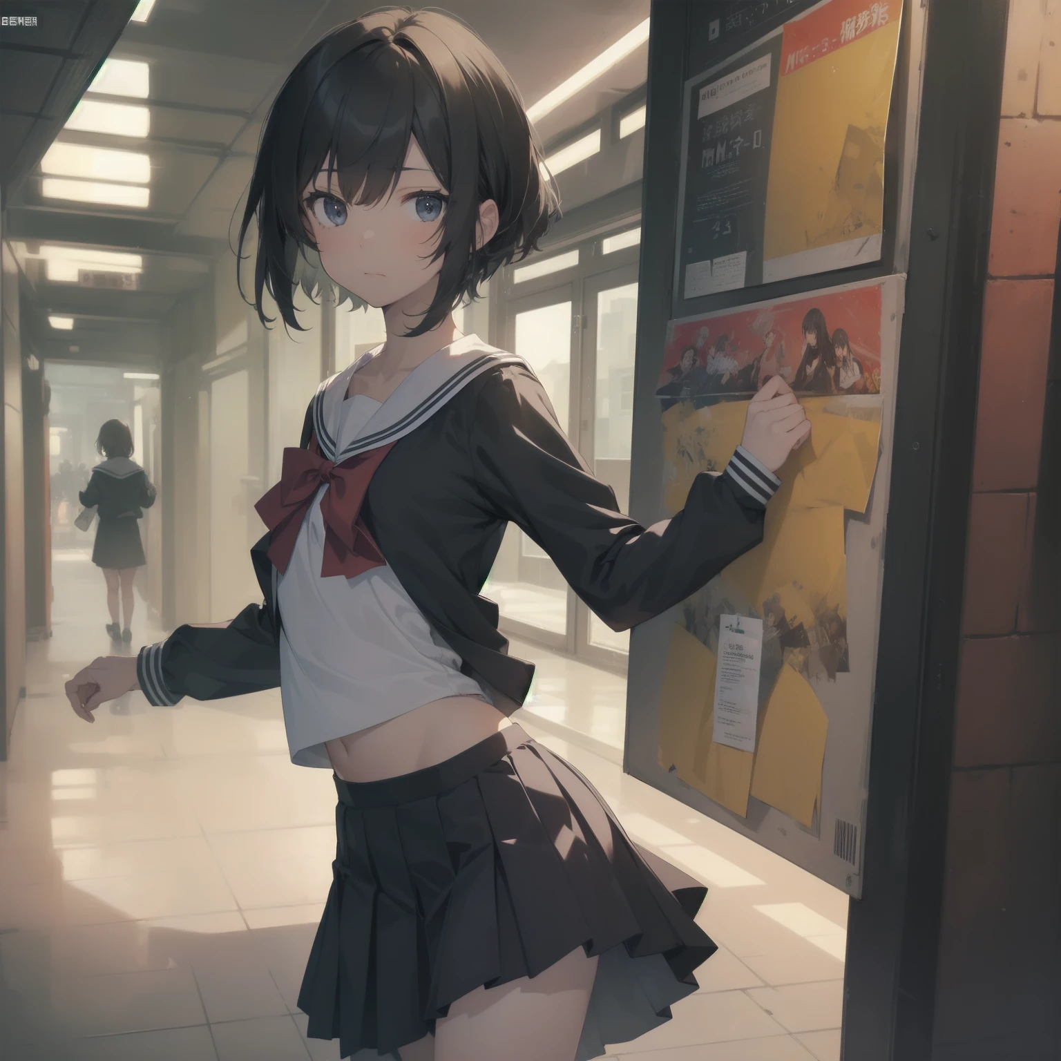 ultra-absurdres-Top quality by artist God, ultra-detailed, high resolution, anime moe artstyle, best anime 8k konachan wallpaper, pixiv contest winner, pool:2810, perfect anatomy,break, 1girl, (Please draw a girl walking sleepily to school alone. )break,(Solo,little female, 13-year-old:1.3),Full limbs, complete fingers,a junior high school student, (very short hair), short cut, flat chest, , small butt, small black eyes, beautiful detailed eyes, well-proportioned iris and pupils, expressive eyes, highres detailed hair, soft expression, salor school_uniform, sailor collar, serahuku, bow, pleated skirt,(Detailed Lighting), (Detailed background), in the School commute route. break,super detailed skin, Best cinematic lighting powered by famous artist, 8k,beauty illustration,photoshop_(medium),very aesthetic,break,((artist:beni_shake )), artist:clamp ,artist:carnelian ,artist:kantoku ,
