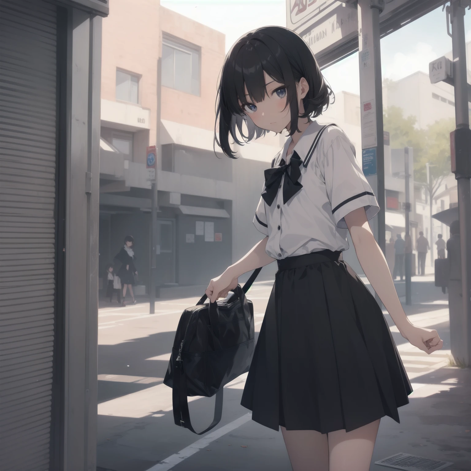 ultra-absurdres-Top quality by artist God, ultra-detailed, high resolution, anime moe artstyle, best anime 8k konachan wallpaper, pixiv contest winner, pool:2810, perfect ???????,break, 1girl, (Please draw a girl walking sleepily to school alone. )break,(Solo,little female, 13-year-old:1.3),Full limbs, complete fingers,a junior high school student, (very short hair), short cut, flat chest, , small butt, small black eyes, beautiful detailed eyes, well-proportioned iris and pupils, expressive eyes, highres detailed hair, soft expression, salor school_uniform, sailor collar, serahuku, bow, pleated skirt,(Detailed Lighting), (Detailed background), in the School commute route. break,super detailed skin, Best cinematic lighting powered by famous artist, 8k,beauty illustration,photoshop_(medium),very aesthetic,break,((artist:beni_shake )), artist:clamp ,artist:carnelian ,artist:kantoku ,
