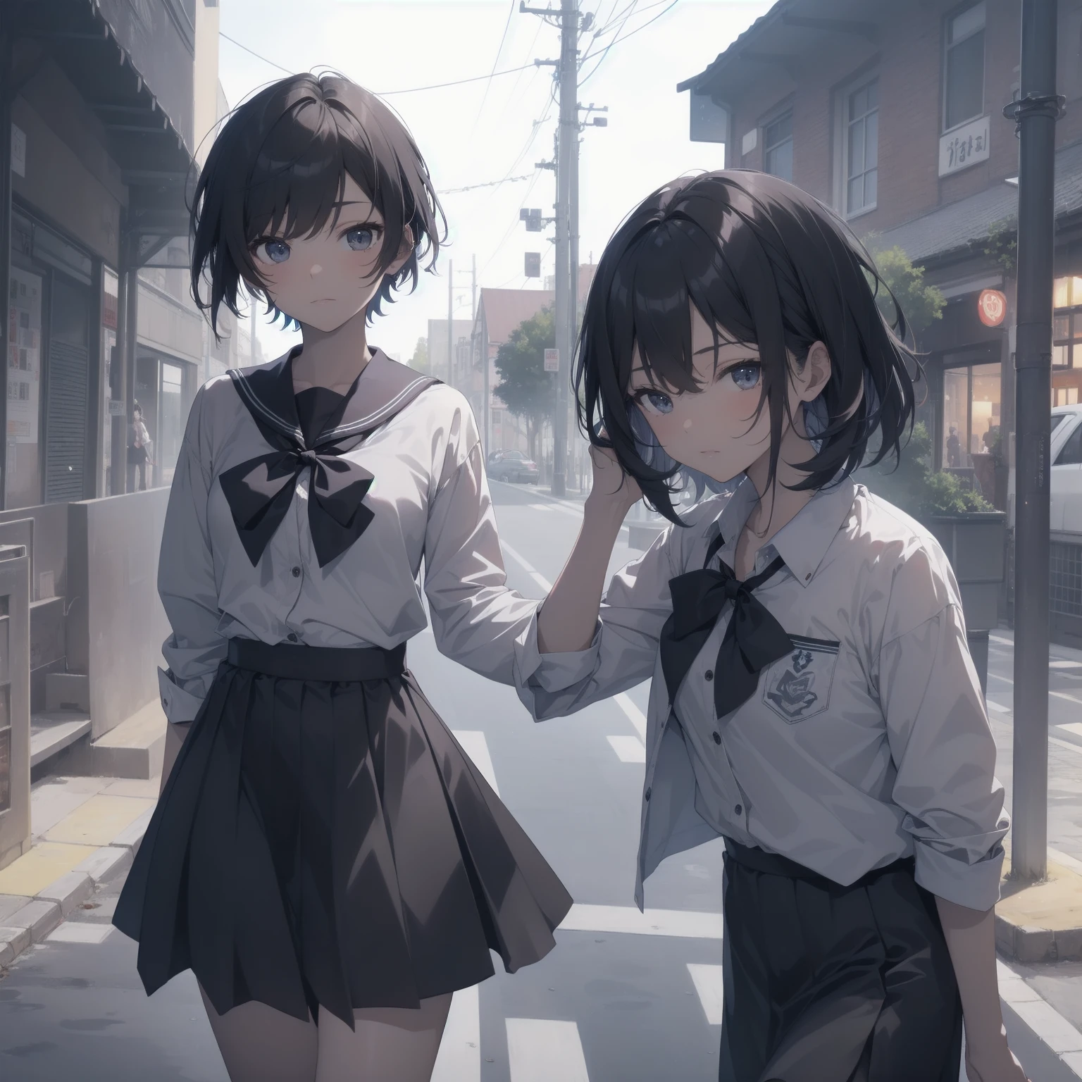 ultra-absurdres-Top quality by artist God, ultra-detailed, high resolution, anime moe artstyle, best anime 8k konachan wallpaper, pixiv contest winner, pool:2810, perfect anatomy,break, 1girl, (Please draw a girl walking sleepily to school alone. )break,(Solo,little female, 13-year-old:1.3),Full limbs, complete fingers,a junior high school student, (very short hair), short cut, flat chest, , small butt, small black eyes, beautiful detailed eyes, well-proportioned iris and pupils, expressive eyes, highres detailed hair, soft expression, salor school_uniform, sailor collar, serahuku, bow, pleated skirt,(Detailed Lighting), (Detailed background), in the School commute route. break,super detailed skin, Best cinematic lighting powered by famous artist, 8k,beauty illustration,photoshop_(medium),very aesthetic,break,((artist:beni_shake )), artist:clamp ,artist:carnelian ,artist:kantoku ,