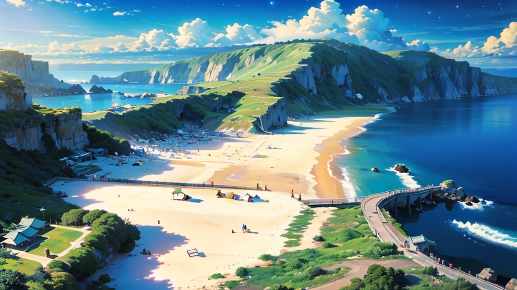 (masterpiece:1.4), (Highest quality:1.4), Very detailed, Complex, Super detailed, Starry Sky、Ocean、Sandy Beach、Cafe、4K、8k