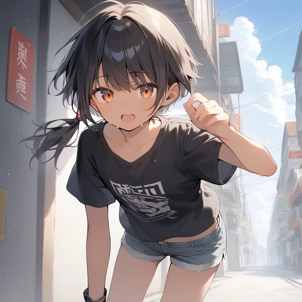 score_9, score_8_up, score_7_up, source_anime, best quality, masterpiece, official art, absurdres, highres, ultra-detailed,waifu2x,Collection: Slice of Life,break,1girl, tomboy, dark-skinned female, short hair, low ponytail, flat chest, beautiful detailed eyes, short shorts, sweat, open mouth, (yawn:0.3), sleepily, outdoors, wind,break,(clear line illustration:1.2), super detailed skin,very high resolution, very aesthetic, Best sexual lighting powered by famous artist, 8k,cute picture,beauty illustration,photoshop_(medium),,(Detailed Lighting),best anime 8k konachan wallpaper, pixiv contest winner,