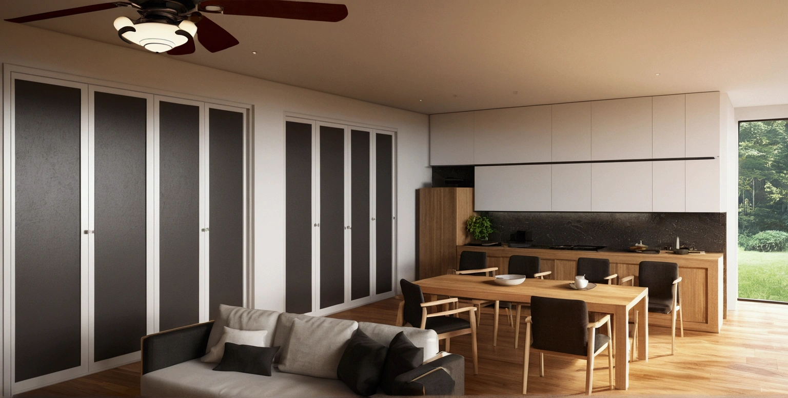 a rendering of a living room with a couch, table, and fan, 3 d rendering, 3d rendering, detailed rendering, 2 d render, comprehensive 2 d render, detailed 3d render, with 3 d render, detailed 3 d render, with 3d render, cg rendering, high detail 3 d render, very detailed render, wide establishing shot, 3 d renders, wooden cellingv, windown view forest