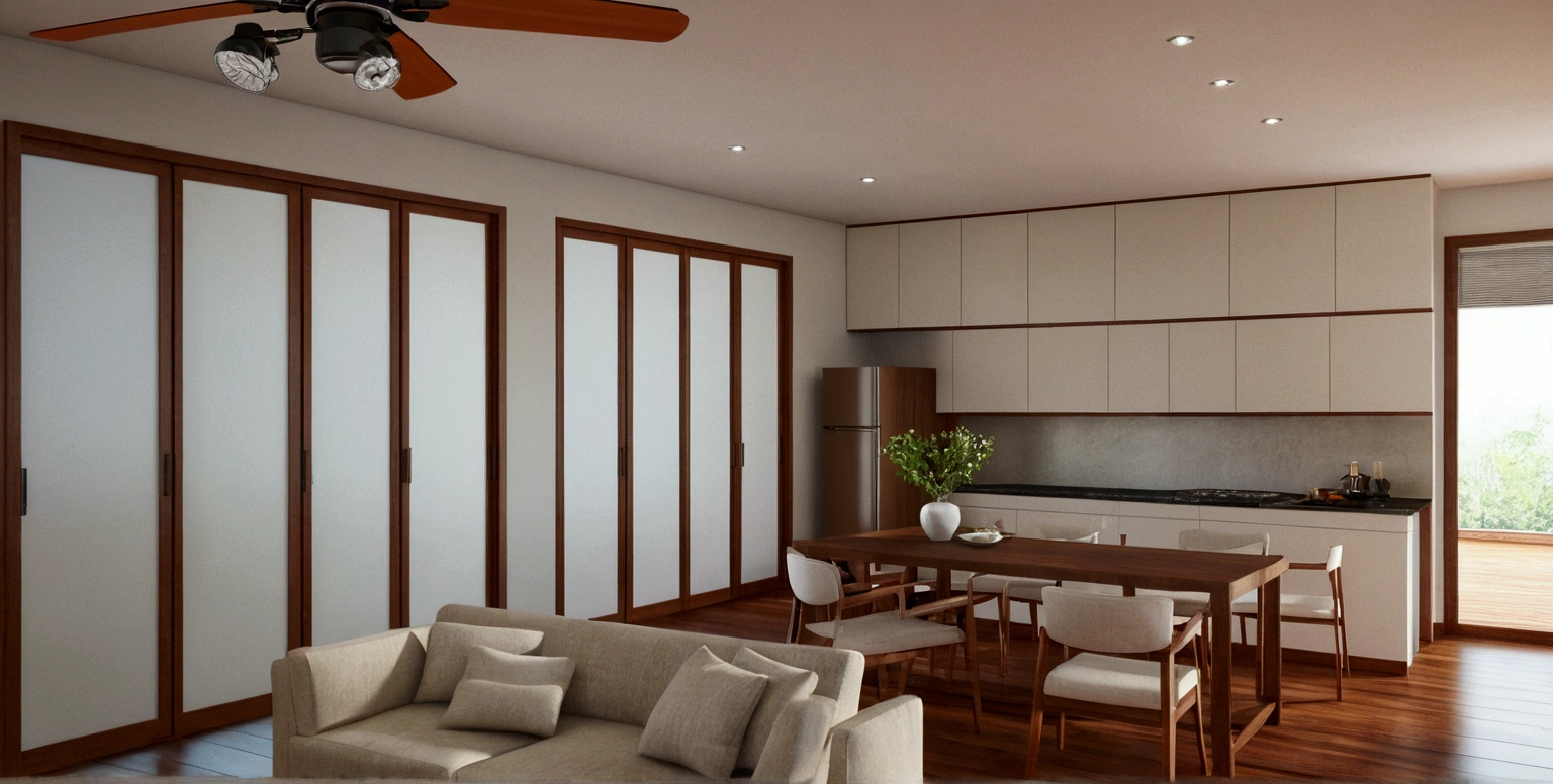 a rendering of a living room with a couch, table, and fan, 3 d rendering, 3d rendering, detailed rendering, 2 d render, comprehensive 2 d render, detailed 3d render, with 3 d render, detailed 3 d render, with 3d render, cg rendering, high detail 3 d render, very detailed render, wide establishing shot, 3 d renders, wooden cellingv, windown view forest