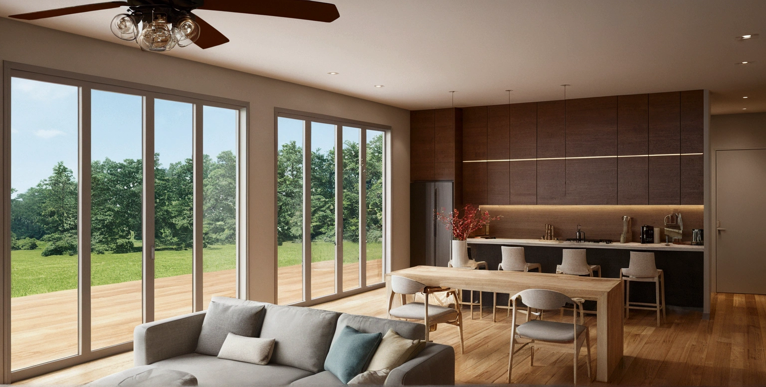 a rendering of a living room with a couch, table, and fan, 3 d rendering, 3d rendering, detailed rendering, 2 d render, comprehensive 2 d render, detailed 3d render, with 3 d render, detailed 3 d render, with 3d render, cg rendering, high detail 3 d render, very detailed render, wide establishing shot, 3 d renders, wooden cellingv, windown view forest