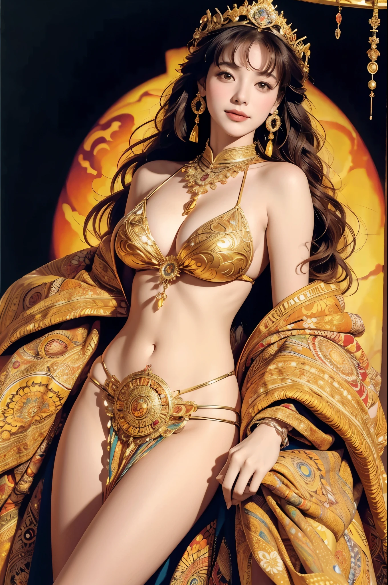 masterpiece woman in golden bikini, sunset fire by Gustavo Klimt, official art, unified 8k wallpaper, Super detailed, fair Beauty, (small breast), Thai princess, masterpiece, best quality, (Zentangle, mandala, Tangled, twist), (ecstasy flower: 1.2) Dynamic angle, Thai royal dress, happy smiles, The Most fair Chaotic Forms, grace, brutalist design, bright colors, atmosphere, Golden sunset, sun god, feather, fire, by Gustav Klimt