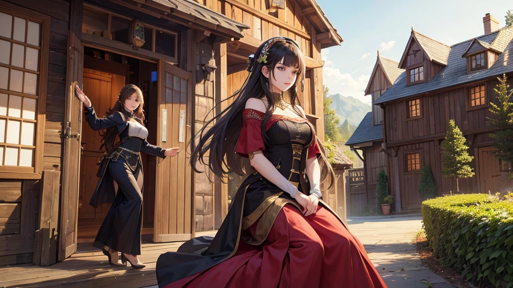 A beautiful woman is the main character, everyone enjoys music, medieval, minstrel, epic, wooden house