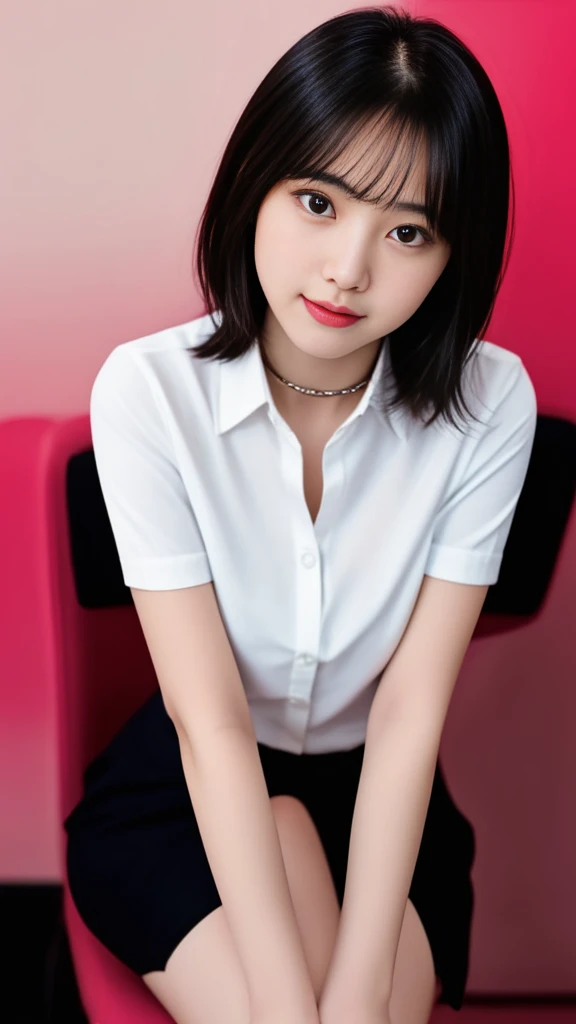 ((masterpiece、Highest quality、4K))、front、 Looking at the camera、 Black Tone、 Low Key Film、 One beautiful woman、 cute、 Japanese women、20-year-old、 Short wavy hair、 Black Hair、 office lady、 Open-collar shirt、 Pink short skirt、 Heel、 Red background、Large Breasts、 Realistic、 Sit on a chair