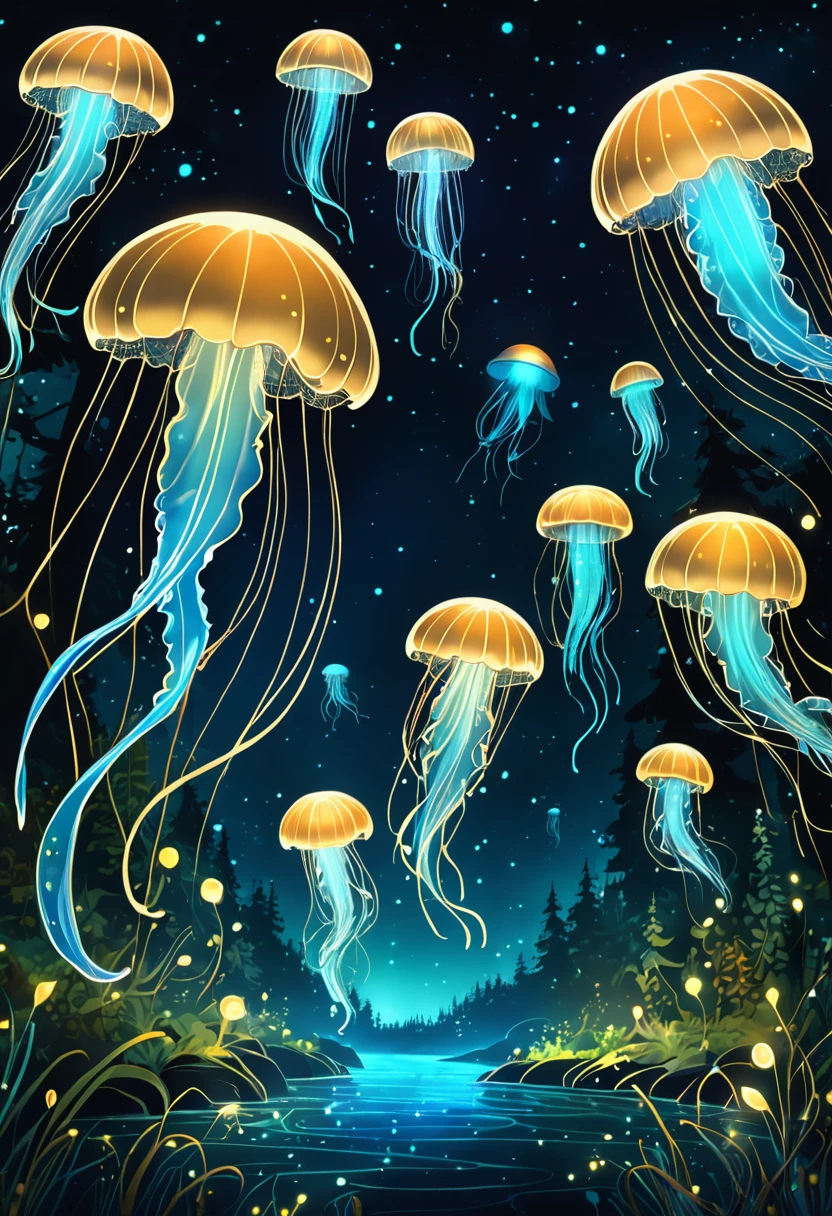 Jellyfish Flying in the Forest. At Dark Night. Bioluminescent. Gildings. Sparkling Eyes. Gold particles. Chaotic lines. Fantasy Madness. Nature Overload. Chaotic Outlines. Other world magic, (Bioluminescence:1.2)