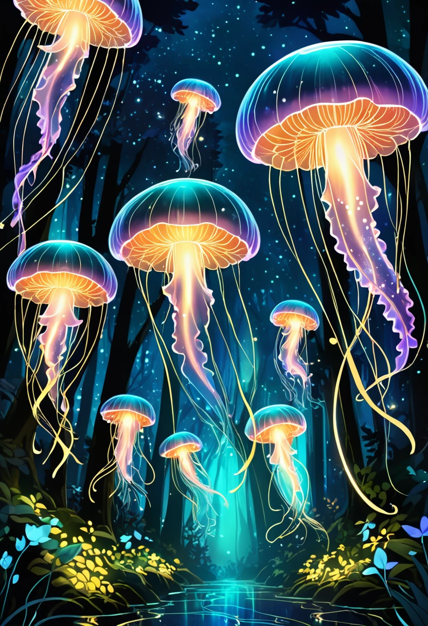 Jellyfish Flying in the Forest. At Dark Night. Bioluminescent. Gildings. Sparkling Eyes. Gold particles. Chaotic lines. Fantasy Madness. Nature Overload. Chaotic Outlines. Other world magic, (Bioluminescence:1.2)