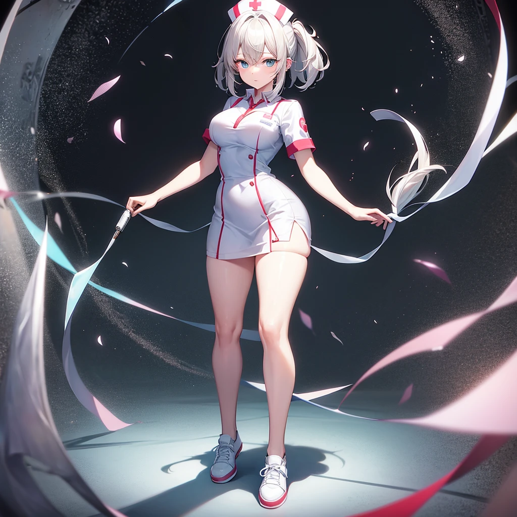 ((nurse)),((White shoes)),Top quality,(Dark Room), Subtle light, Natural light,Soft lighting,Light from directly behind,(Are standing),Front view,Black background