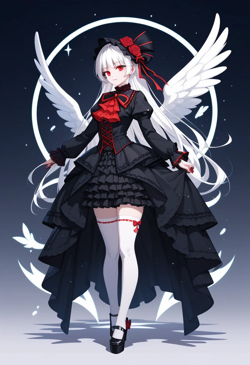 masterpiece, top-quality, ​masterpiece, top-quality,ighly detailed,{top-quality}, {{​masterpiece}}, {hight resolution},original, {extremely delicate and beautiful},​masterpiece, top-quality,ighly detailed,{top-quality},white hair, gothic lolita, full body, standing, white thighhighs, short dress, black dress,