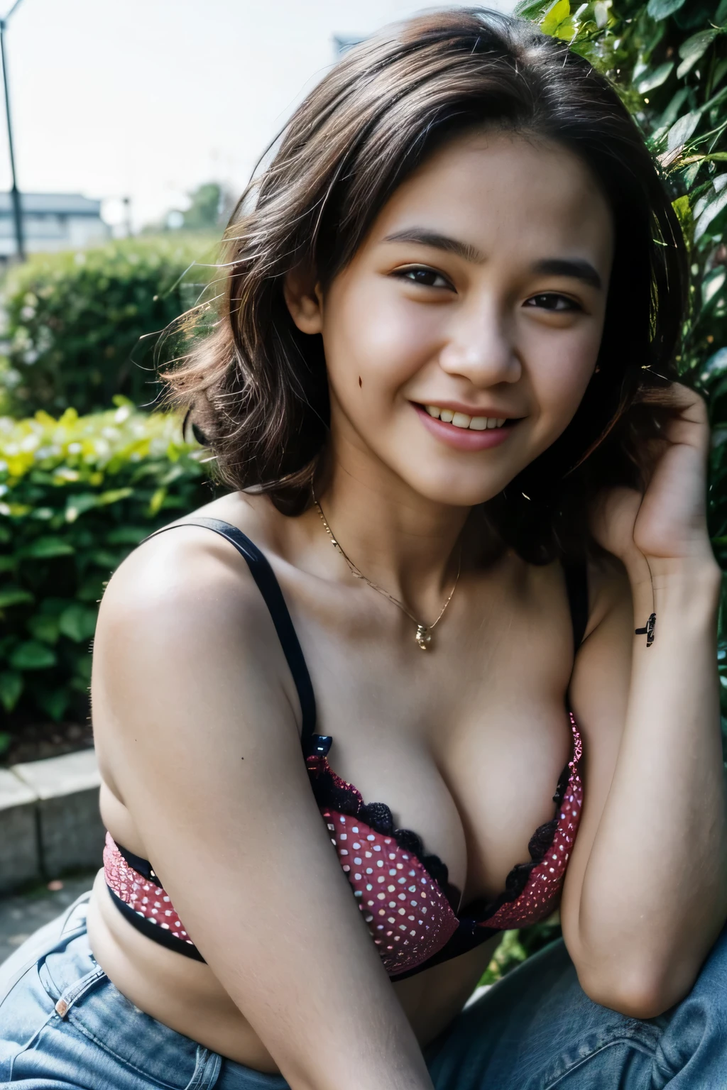 Malay girl wearing undersize red wine satin bra (polkadot pattern), tight jeans, open shirt, portrait photography, ultra detail, professional photograph with professional lighting, smile, at the garden, outdoor background, curly hair, sexy seducing pose, curvy body, butt closed up angle
