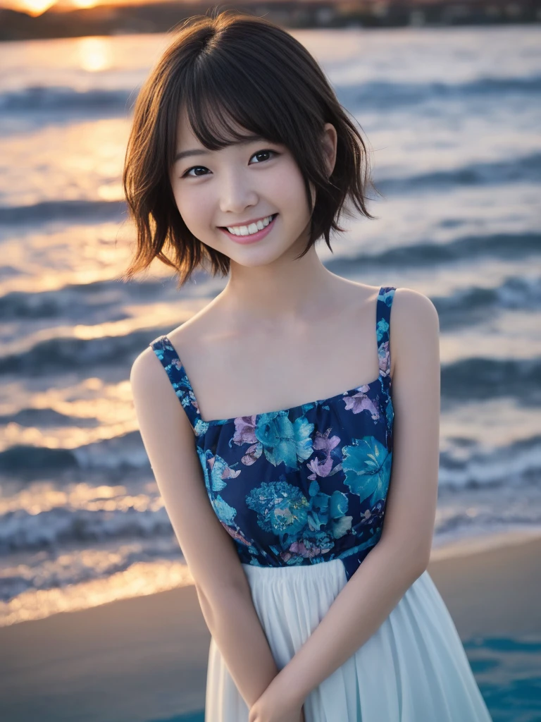 Only one girl、((perfect bodies)))、(​masterpiece)、((top-quality))、(Ultra-detail)、((extremely delicate and beautiful))、(((Very shallow depth of field)))、nffsw，(((incredibly absurdness)))、((perfect bodies)))、(((A darK-haired)))、(((short cut hair)))、(Okabo hair)、(((Looking at the camera)))、(((small tits)))、(((The best smile that makes you happy)))、?????、pool+Background with、dynamic ungle、female focus on、{Particles of light}、Meticulous background with、((paul hedley)))、Soft lighting、(Dramatic sunset)、Evening glow、Very beautiful sunset、Live action、realisitic、Angle from above、cute smile face、(the background is blurred)、12year old、being thin、((the wind))、(((movement)))、(((emotional)))、((colourfull))、((a baby face))、((Beautiful teeth)) 、f lare、sea the background of