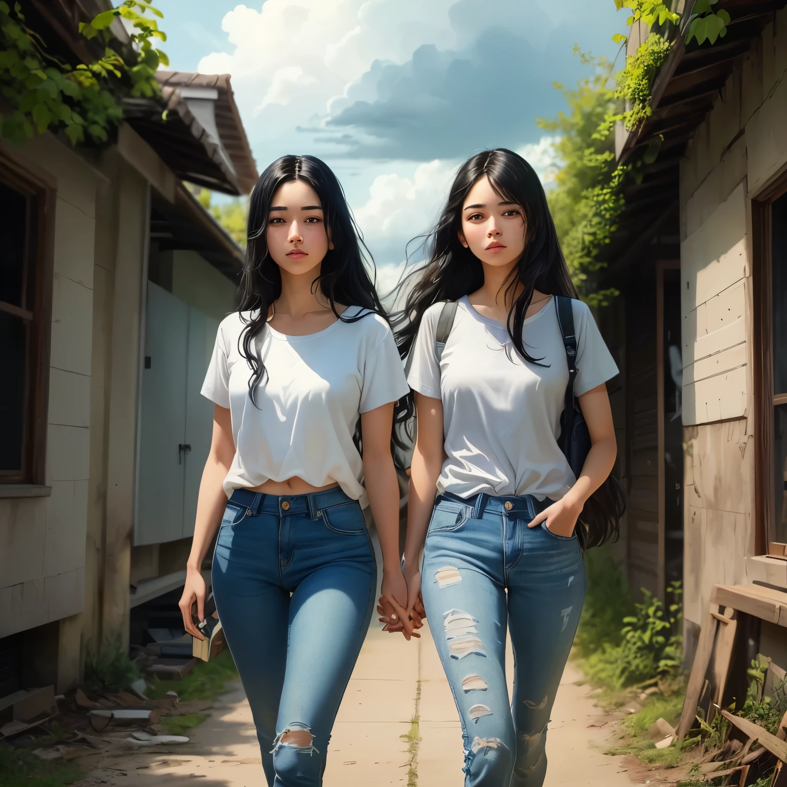 ((best quality)), ((masterpiece)), (detailed), A digital illustration of two high school nervous teenage girls with long black hair walking towards an abandoned bungalow surrounded by bushes and dark clouds. They both are wearing plain white t-shirt and blue jeans