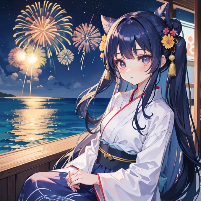 Long navy blue hair,Lolita Yukata,Fufu has a very cute face,It's a cute girl,Wearing a yukata Watching fireworks
