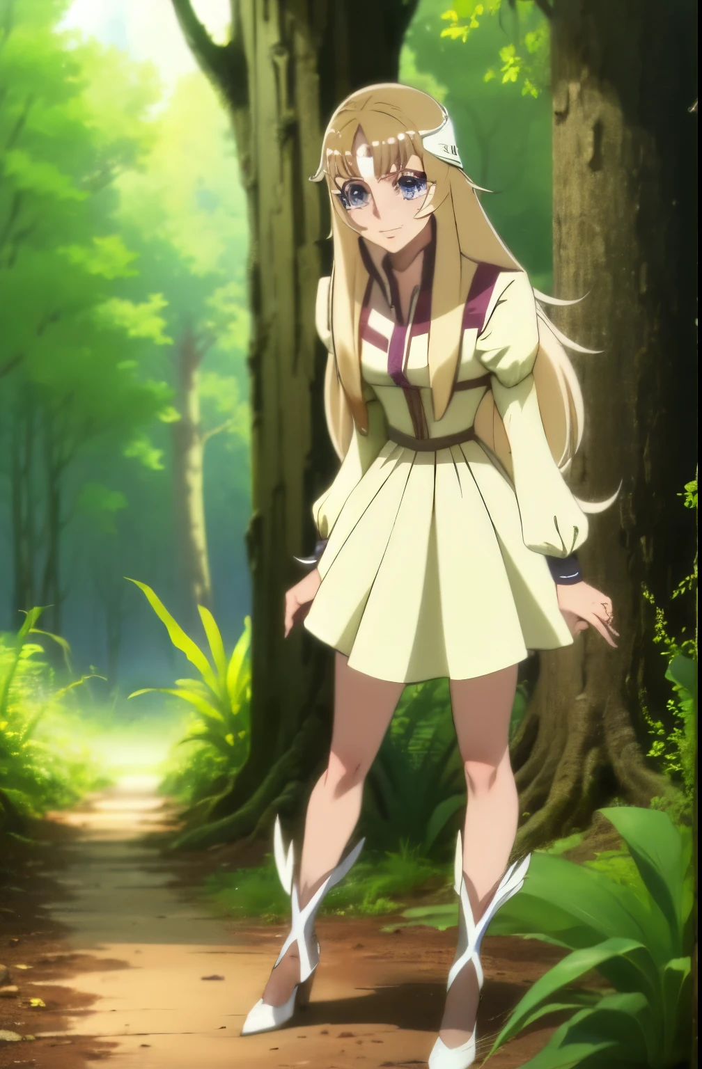 masterpiece, best quality, 1girl, looking at viewer, ultra detailed,nsfw,1girl, solo, BREAK,long hair, blue eyes, blonde hair,wearing dress,BREAK,blush smile,in heat,breath,standing,open stance,BREAK,full body,from forward,looking at viewer,forest